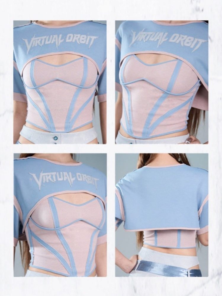 Y2K Color-Blocking Short Sleeve Waist-Cinching Strap Two-Piece Tops【s0000017595】