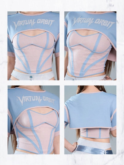 Y2K Color-Blocking Short Sleeve Waist-Cinching Strap Two-Piece Tops【s0000017595】