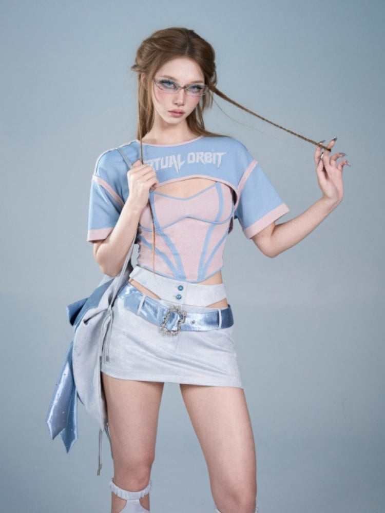 Y2K Color-Blocking Short Sleeve Waist-Cinching Strap Two-Piece Tops【s0000017595】