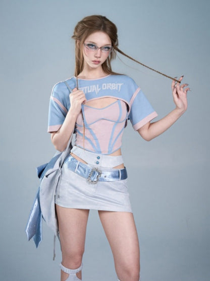 Y2K Color-Blocking Short Sleeve Waist-Cinching Strap Two-Piece Tops【s0000017595】
