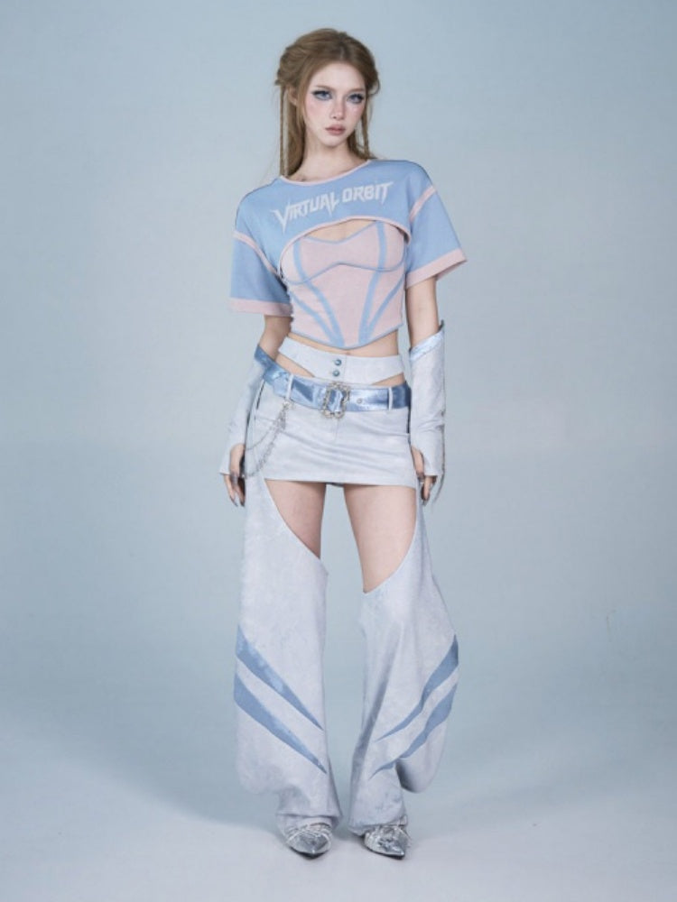 Y2K Color-Blocking Short Sleeve Waist-Cinching Strap Two-Piece Tops【s0000017595】