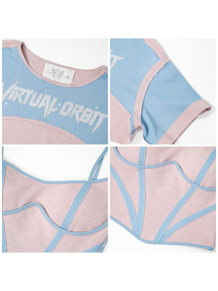 Y2K Color-Blocking Short Sleeve Waist-Cinching Strap Two-Piece Tops【s0000017595】