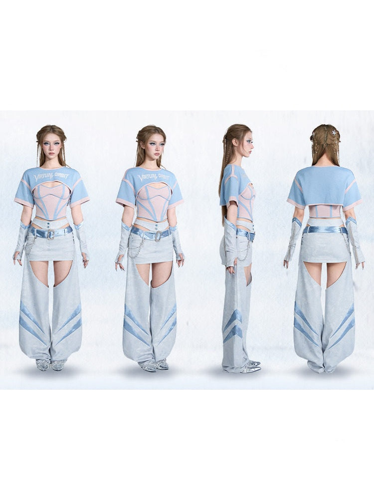Y2K Color-Blocking Short Sleeve Waist-Cinching Strap Two-Piece Tops【s0000017595】
