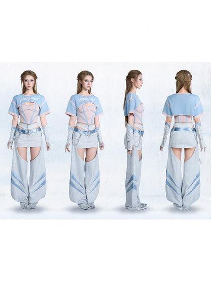 Y2K Color-Blocking Short Sleeve Waist-Cinching Strap Two-Piece Tops【s0000017595】