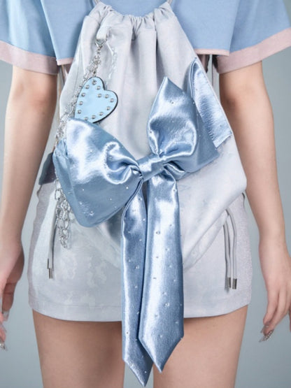 Y2K Futuristic Blue Bow Large-Capacity Versatile Drawstring Backpack【s0000017596】