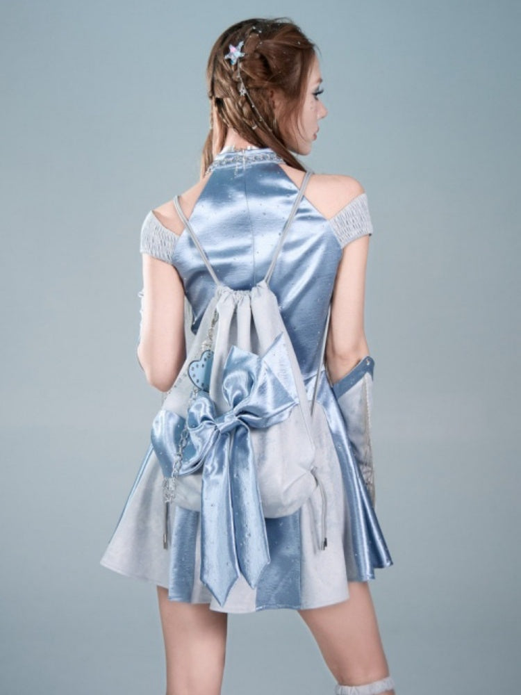 Y2K Futuristic Blue Bow Large-Capacity Versatile Drawstring Backpack【s0000017596】