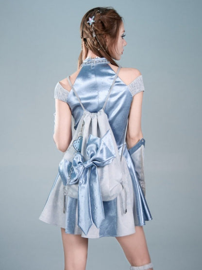 Y2K Futuristic Blue Bow Large-Capacity Versatile Drawstring Backpack【s0000017596】