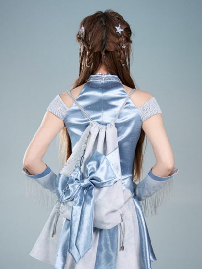 Y2K Futuristic Blue Bow Large-Capacity Versatile Drawstring Backpack【s0000017596】