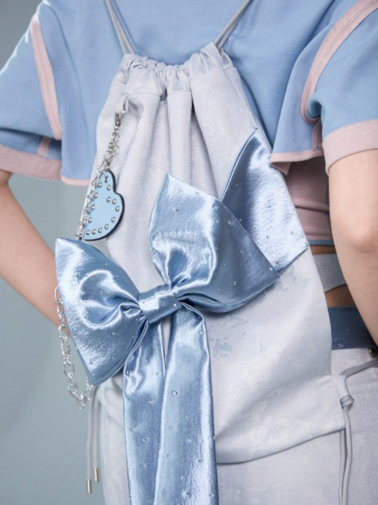 Y2K Futuristic Blue Bow Large-Capacity Versatile Drawstring Backpack【s0000017596】