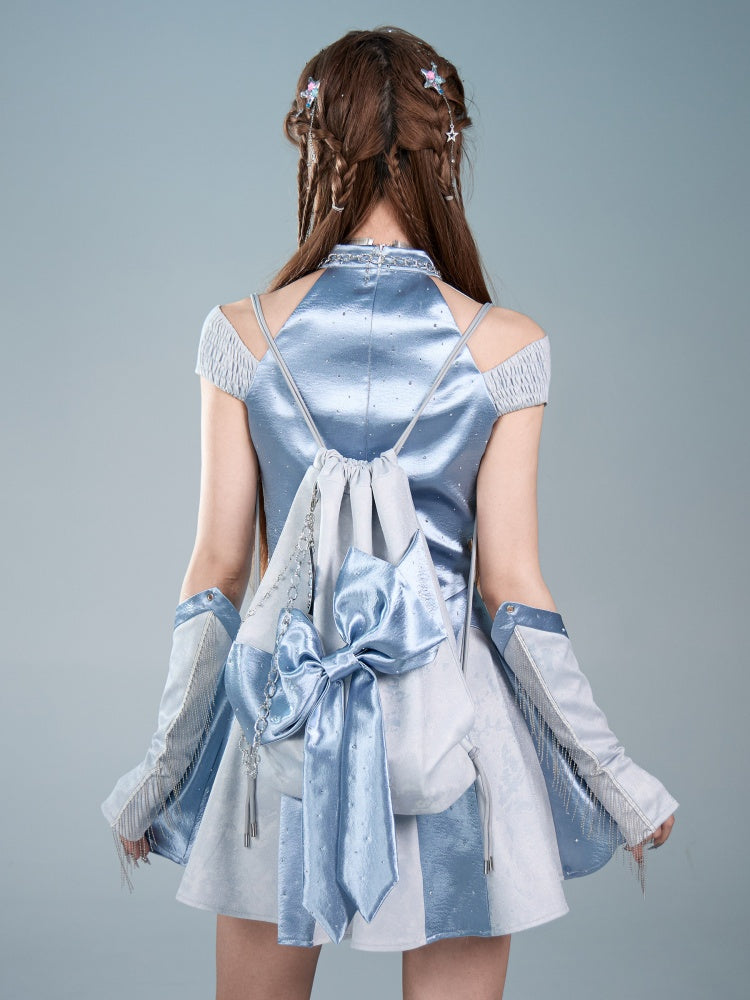 Y2K Futuristic Blue Bow Large-Capacity Versatile Drawstring Backpack【s0000017596】