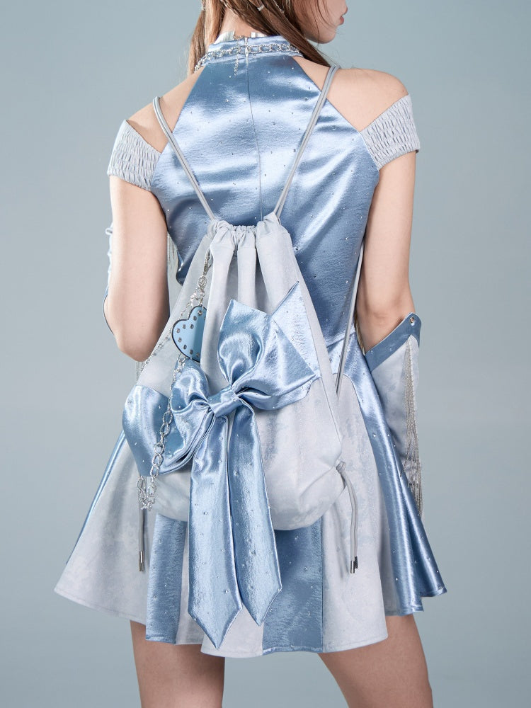 Y2K Futuristic Blue Bow Large-Capacity Versatile Drawstring Backpack【s0000017596】