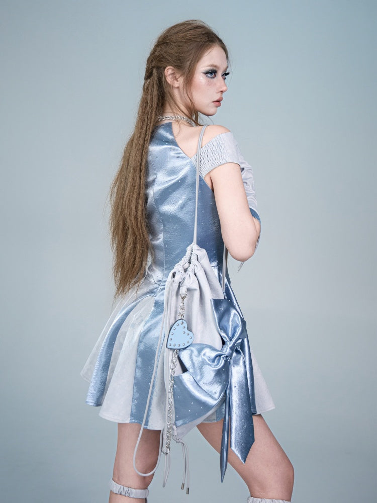 Y2K Futuristic Blue Bow Large-Capacity Versatile Drawstring Backpack【s0000017596】