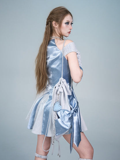 Y2K Futuristic Blue Bow Large-Capacity Versatile Drawstring Backpack【s0000017596】