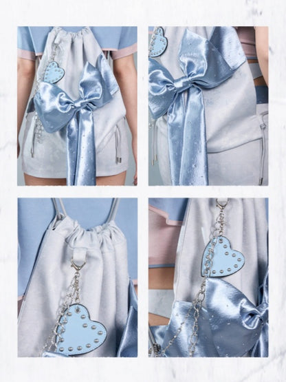 Y2K Futuristic Blue Bow Large-Capacity Versatile Drawstring Backpack【s0000017596】