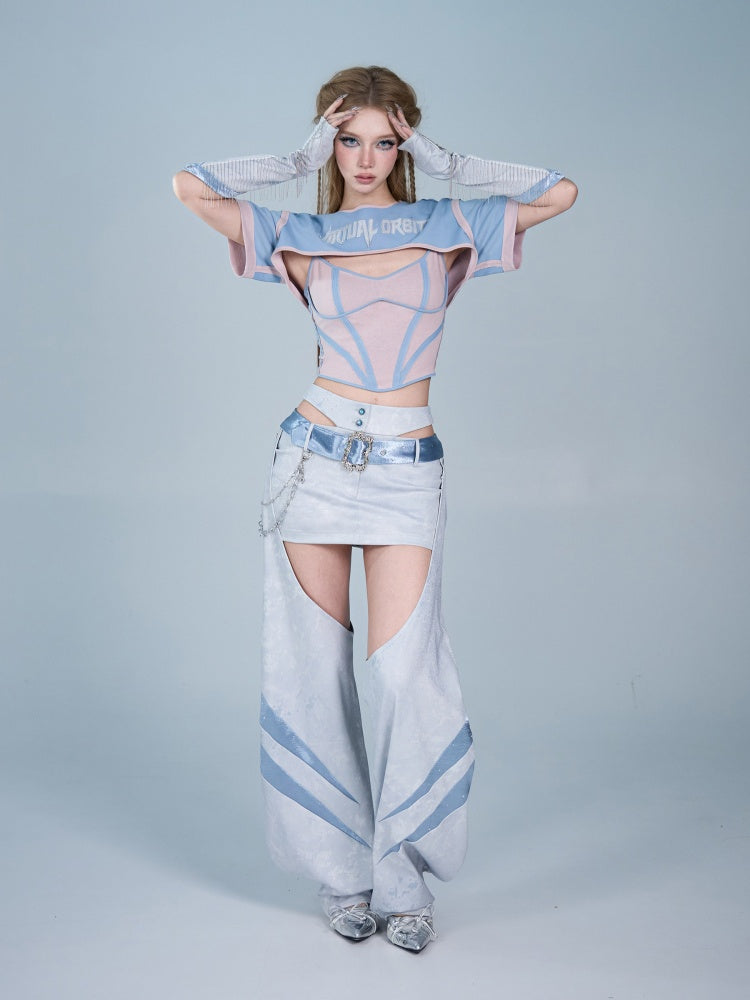 Y2K Functional Style Hollow-Out Detachable Hip-Hugging Skirt Pants Leg Sleeve Two-Piece Set【s0000017598】