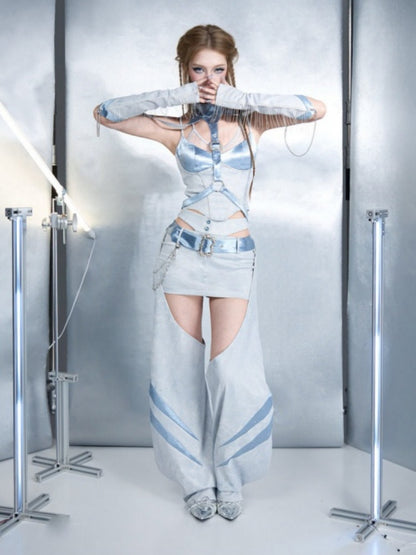 Y2K Functional Style Hollow-Out Detachable Hip-Hugging Skirt Pants Leg Sleeve Two-Piece Set【s0000017598】
