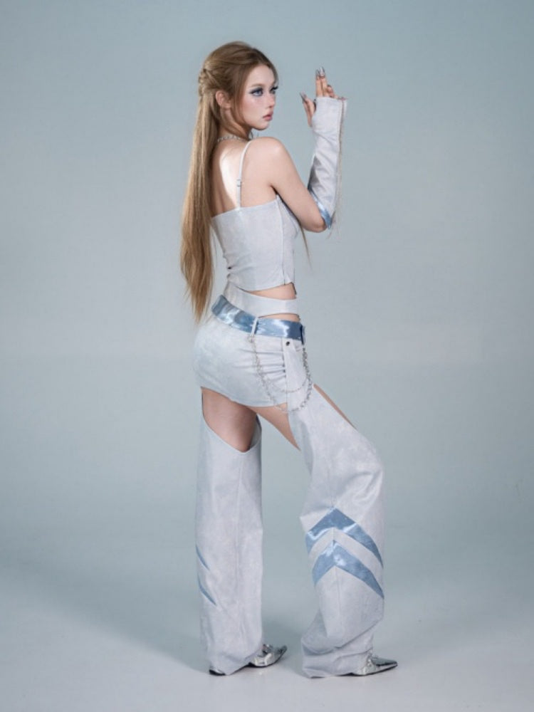 Y2K Functional Style Hollow-Out Detachable Hip-Hugging Skirt Pants Leg Sleeve Two-Piece Set【s0000017598】