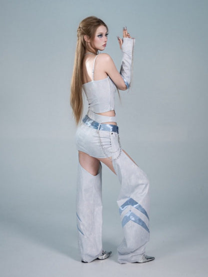 Y2K Functional Style Hollow-Out Detachable Hip-Hugging Skirt Pants Leg Sleeve Two-Piece Set【s0000017598】