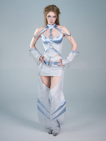 Y2K Functional Style Hollow-Out Detachable Hip-Hugging Skirt Pants Leg Sleeve Two-Piece Set【s0000017598】