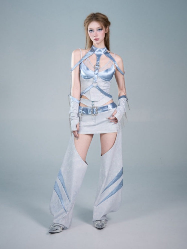Y2K Functional Style Hollow-Out Detachable Hip-Hugging Skirt Pants Leg Sleeve Two-Piece Set【s0000017598】