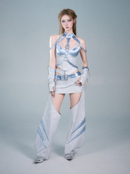 Y2K Functional Style Hollow-Out Detachable Hip-Hugging Skirt Pants Leg Sleeve Two-Piece Set【s0000017598】