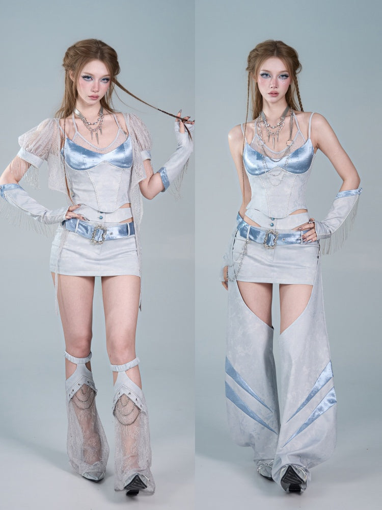 Y2K Functional Style Hollow-Out Detachable Hip-Hugging Skirt Pants Leg Sleeve Two-Piece Set【s0000017598】