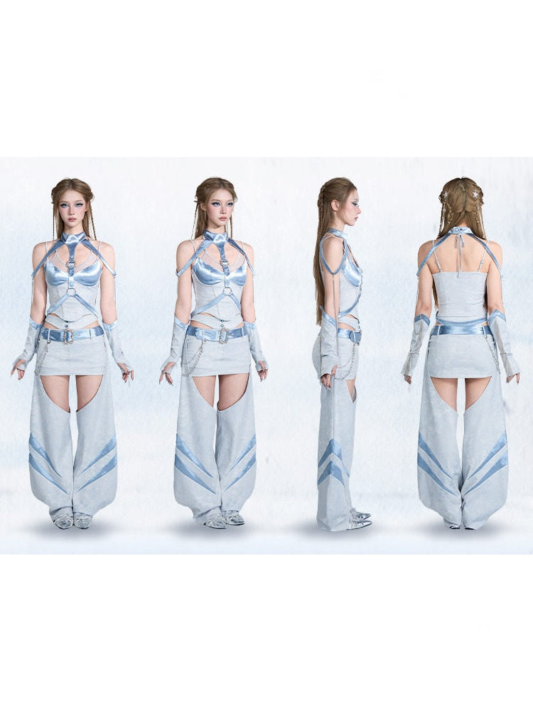 Y2K Futuristic Blue Satin Faux Two-Piece Lace Patchwork Fitted Camisole【s0000017600】