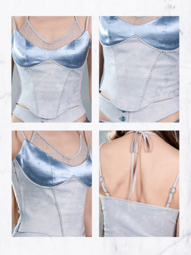 Y2K Futuristic Blue Satin Faux Two-Piece Lace Patchwork Fitted Camisole【s0000017600】