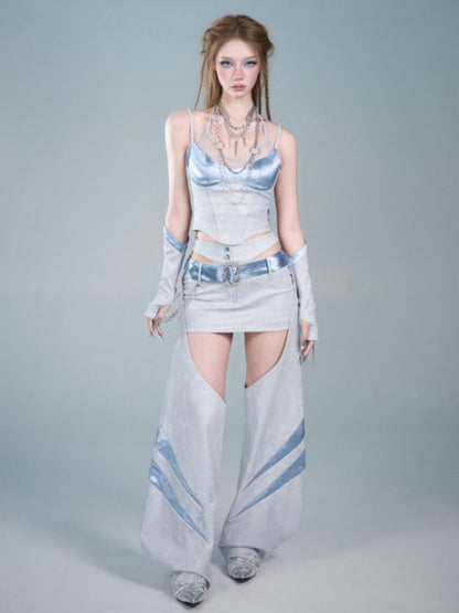 Y2K Futuristic Blue Satin Faux Two-Piece Lace Patchwork Fitted Camisole【s0000017600】