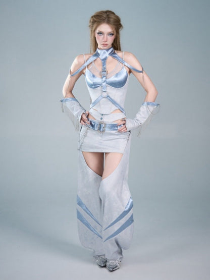 Y2K Futuristic Blue Satin Faux Two-Piece Lace Patchwork Fitted Camisole【s0000017600】