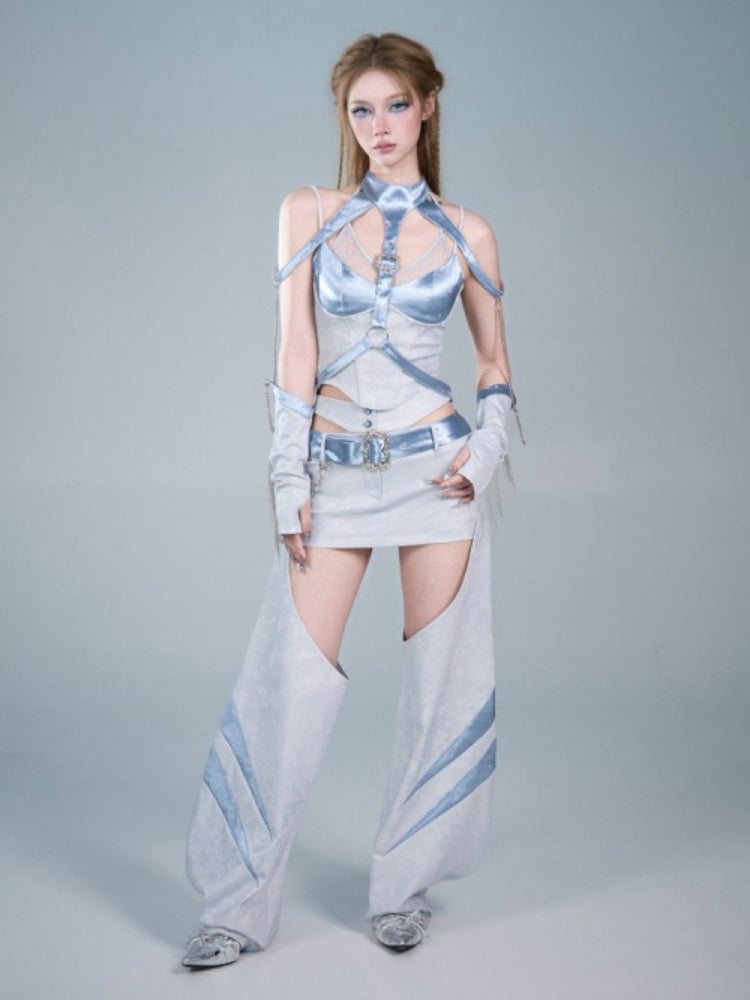Y2K Futuristic Blue Satin Faux Two-Piece Lace Patchwork Fitted Camisole【s0000017600】