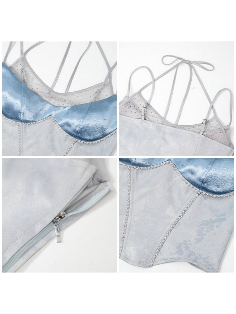 Y2K Futuristic Blue Satin Faux Two-Piece Lace Patchwork Fitted Camisole【s0000017600】
