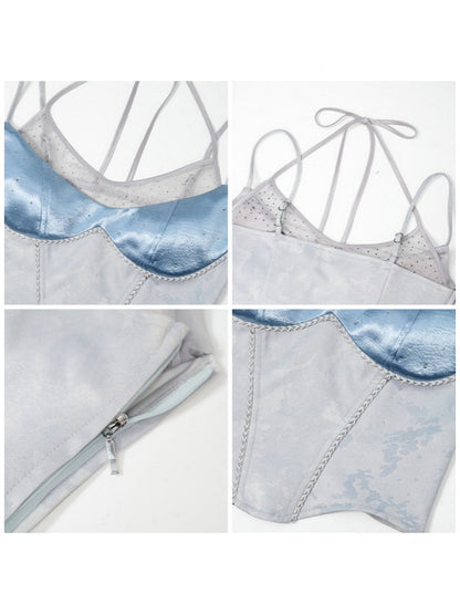 Y2K Futuristic Blue Satin Faux Two-Piece Lace Patchwork Fitted Camisole【s0000017600】