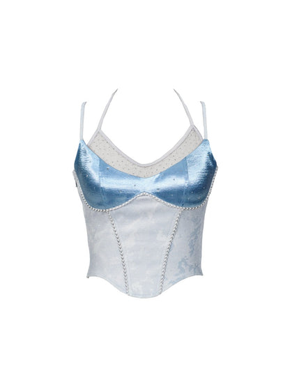 Y2K Futuristic Blue Satin Faux Two-Piece Lace Patchwork Fitted Camisole【s0000017600】
