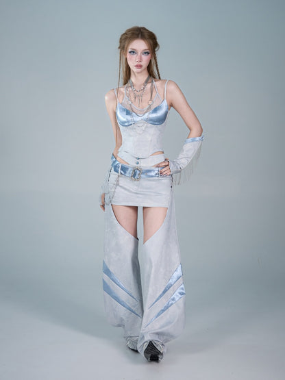 Y2K Futuristic Blue Satin Faux Two-Piece Lace Patchwork Fitted Camisole【s0000017600】