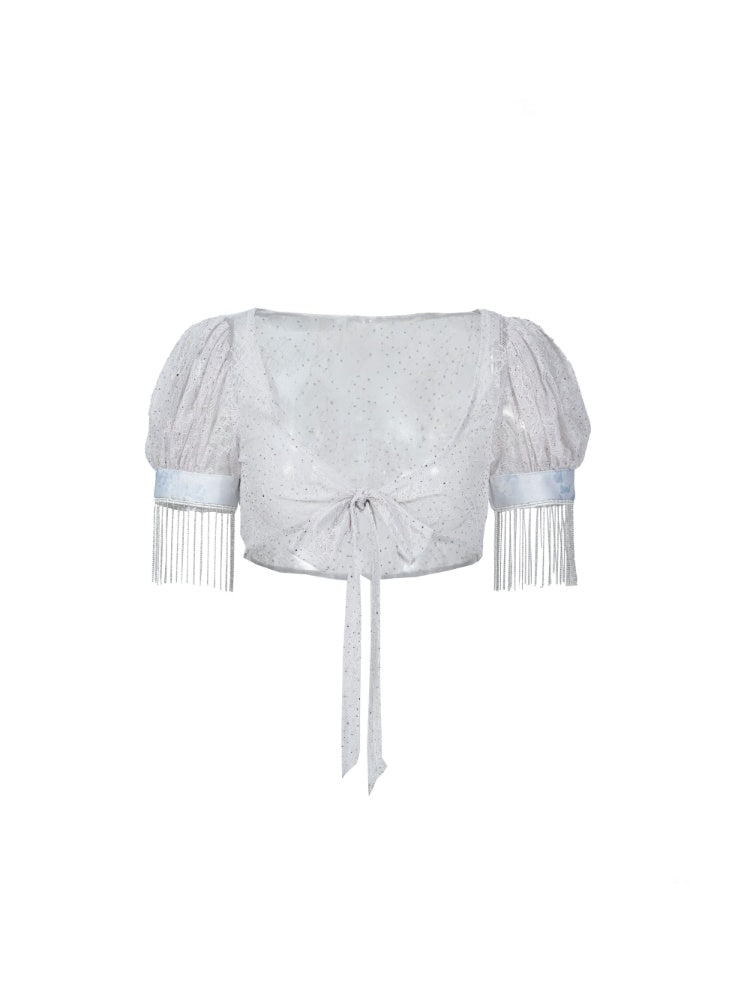 Y2K Lace Mesh Thin Puff Sleeve Tie Cardigan Short Tops【s0000017601】