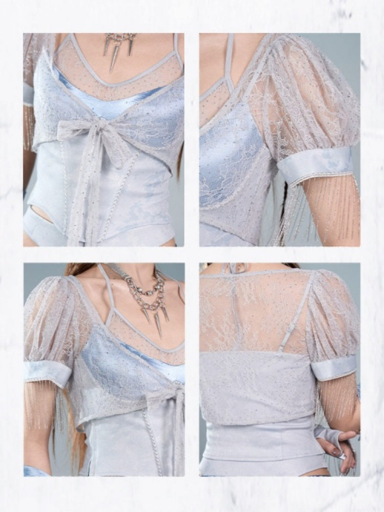 Y2K Lace Mesh Thin Puff Sleeve Tie Cardigan Short Tops【s0000017601】