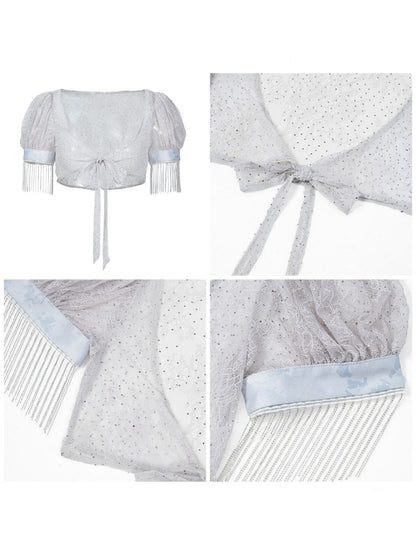 Y2K Lace Mesh Thin Puff Sleeve Tie Cardigan Short Tops【s0000017601】
