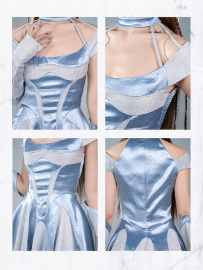 Y2k Niche Blue Satin Halter-Neck Waist-Cinching A-Line Dress【s0000017602】