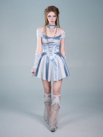 Y2k Niche Blue Satin Halter-Neck Waist-Cinching A-Line Dress【s0000017602】