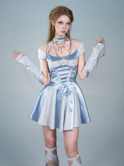 Y2k Niche Blue Satin Halter-Neck Waist-Cinching A-Line Dress【s0000017602】
