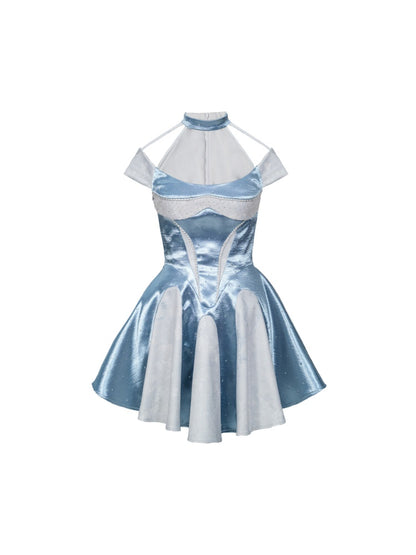 Y2k Niche Blue Satin Halter-Neck Waist-Cinching A-Line Dress【s0000017602】