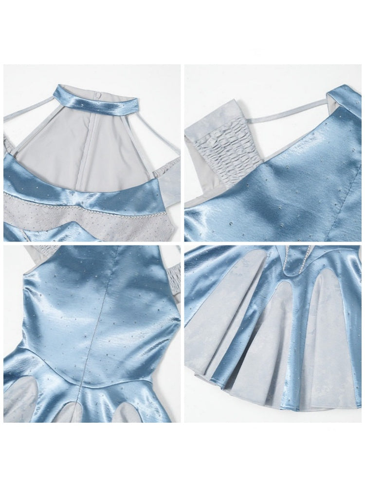 Y2k Niche Blue Satin Halter-Neck Waist-Cinching A-Line Dress【s0000017602】