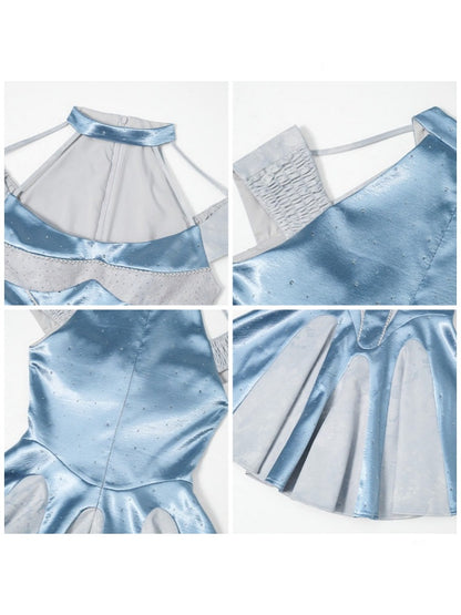 Y2k Niche Blue Satin Halter-Neck Waist-Cinching A-Line Dress【s0000017602】