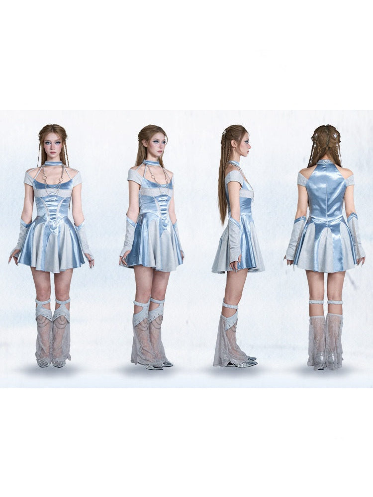 Y2k Niche Blue Satin Halter-Neck Waist-Cinching A-Line Dress【s0000017602】