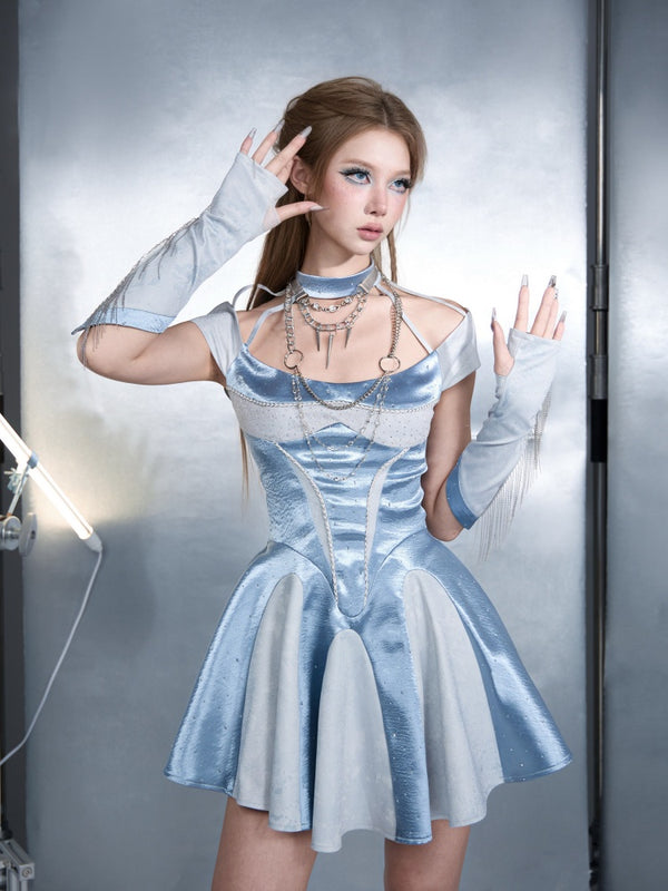 Y2k Niche Blue Satin Halter-Neck Waist-Cinching A-Line Dress【s0000017602】