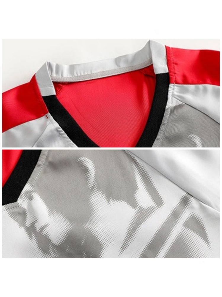 Color-Block Patchwork Printed Satin Loose V-Neck Sports T-Shirt【s0000017603】