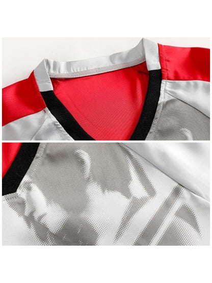 Color-Block Patchwork Printed Satin Loose V-Neck Sports T-Shirt【s0000017603】