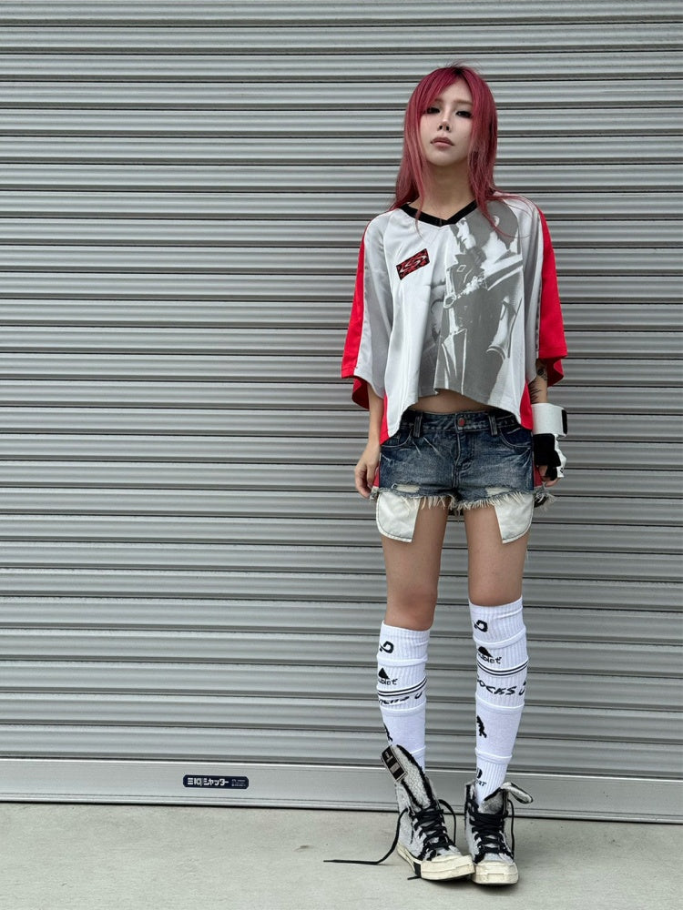 Color-Block Patchwork Printed Satin Loose V-Neck Sports T-Shirt【s0000017603】