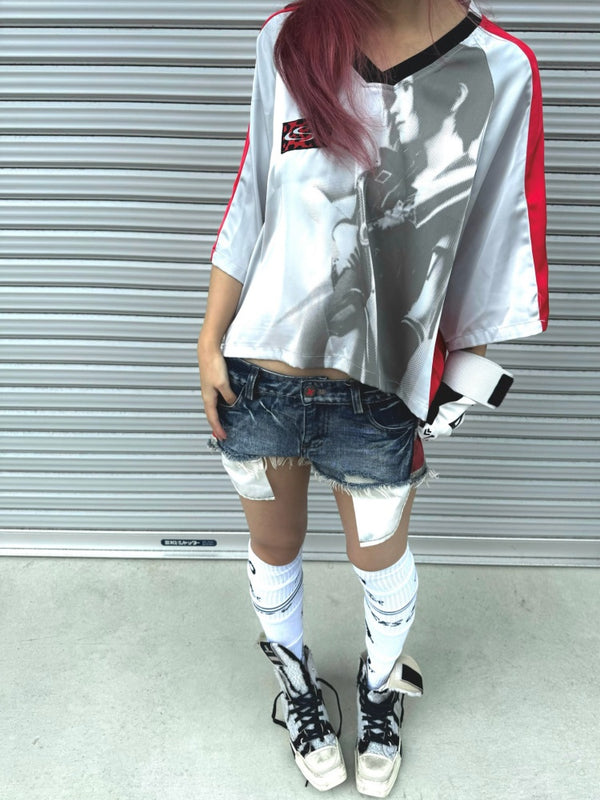 Color-Block Patchwork Printed Satin Loose V-Neck Sports T-Shirt【s0000017603】